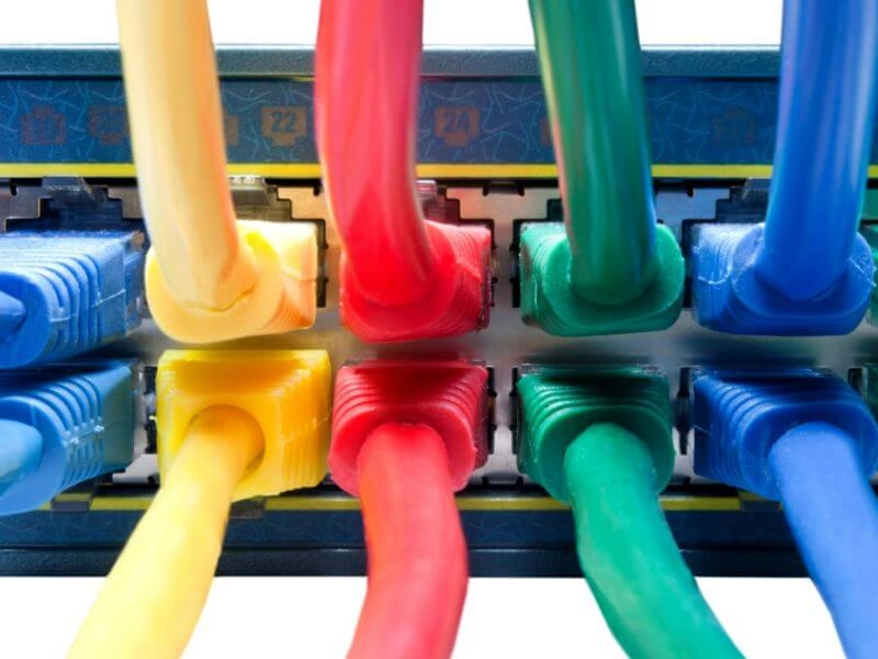 mulit colored network cables plugged in